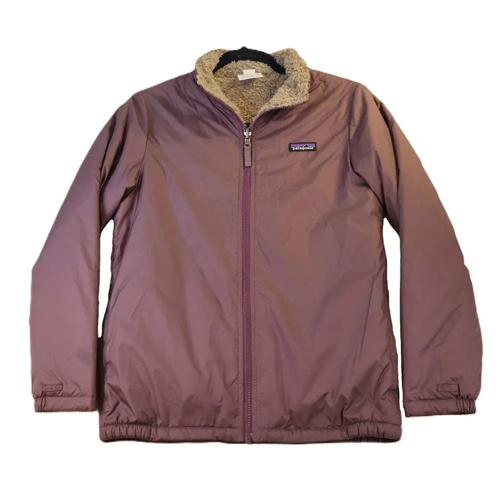 Patagonia Kids XL 14 Reversible Fleece Jacket Purple Tan Full Zip Outdoor Coat